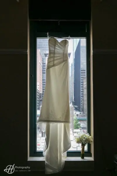 wedding dress in window