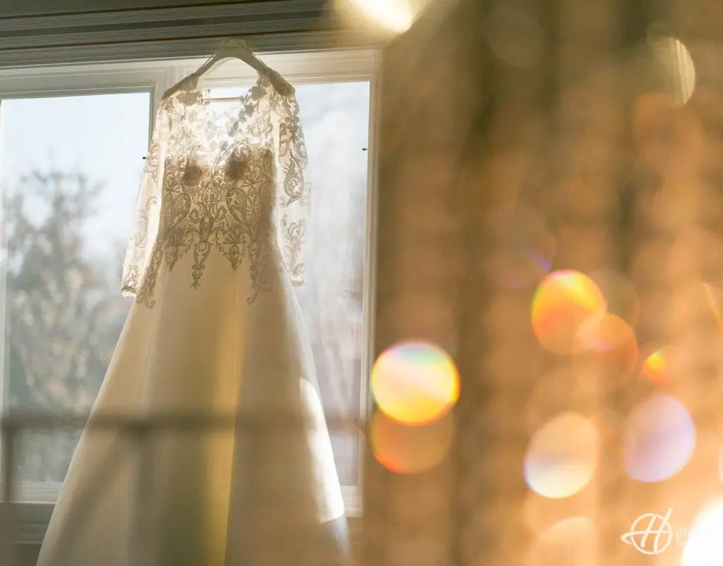 wedding dress in a morning sun 