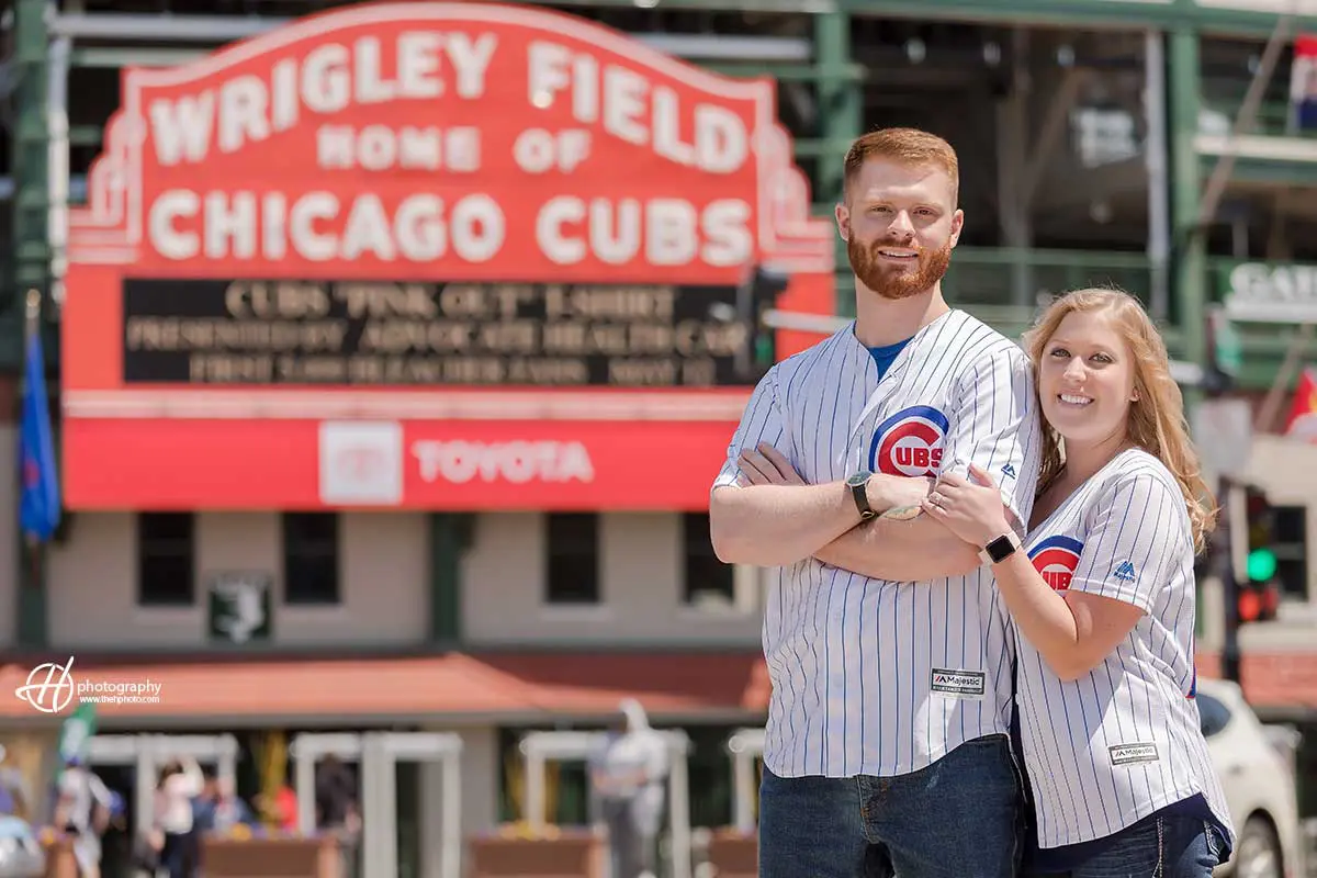 Wrigley Field Engagement Photos  Chicago Cubs Fans Ashley and Shawn