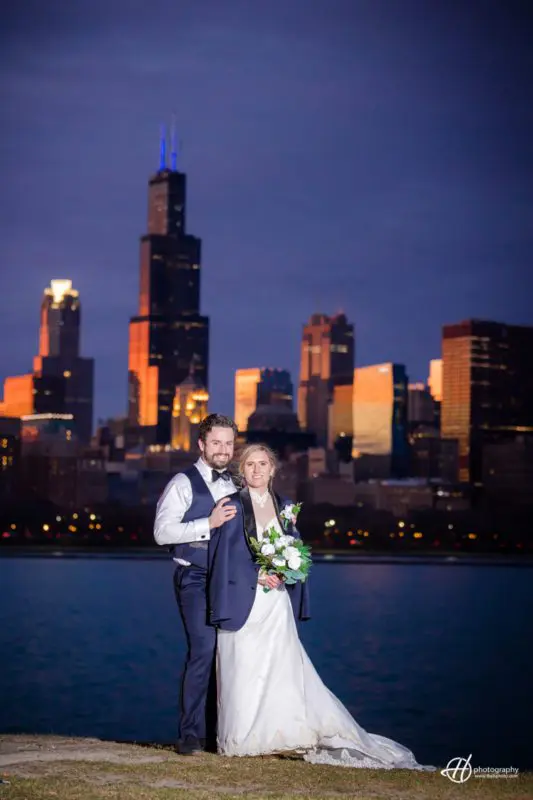 Wedding Portrait from the Adler Planetarium. sunset over Chicago