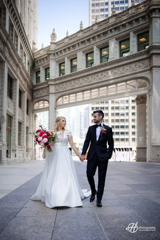 Walking under Wrigley Building