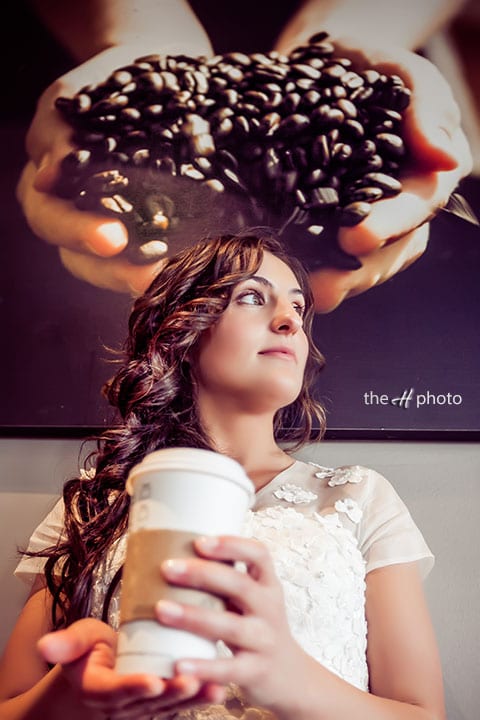 bride drinking coffe at Starbucks in detroit