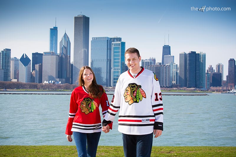 Engagement photos using a Chicago Blackhawks jersey