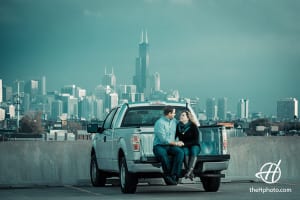Engagement photo with Chicago skyline as background