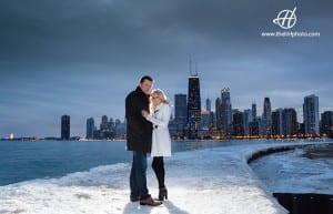 winter engagement photo with Chicago night lighting 