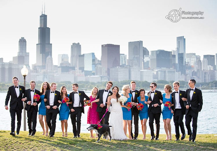 wedding party photo Adler Planetarium Chicago 