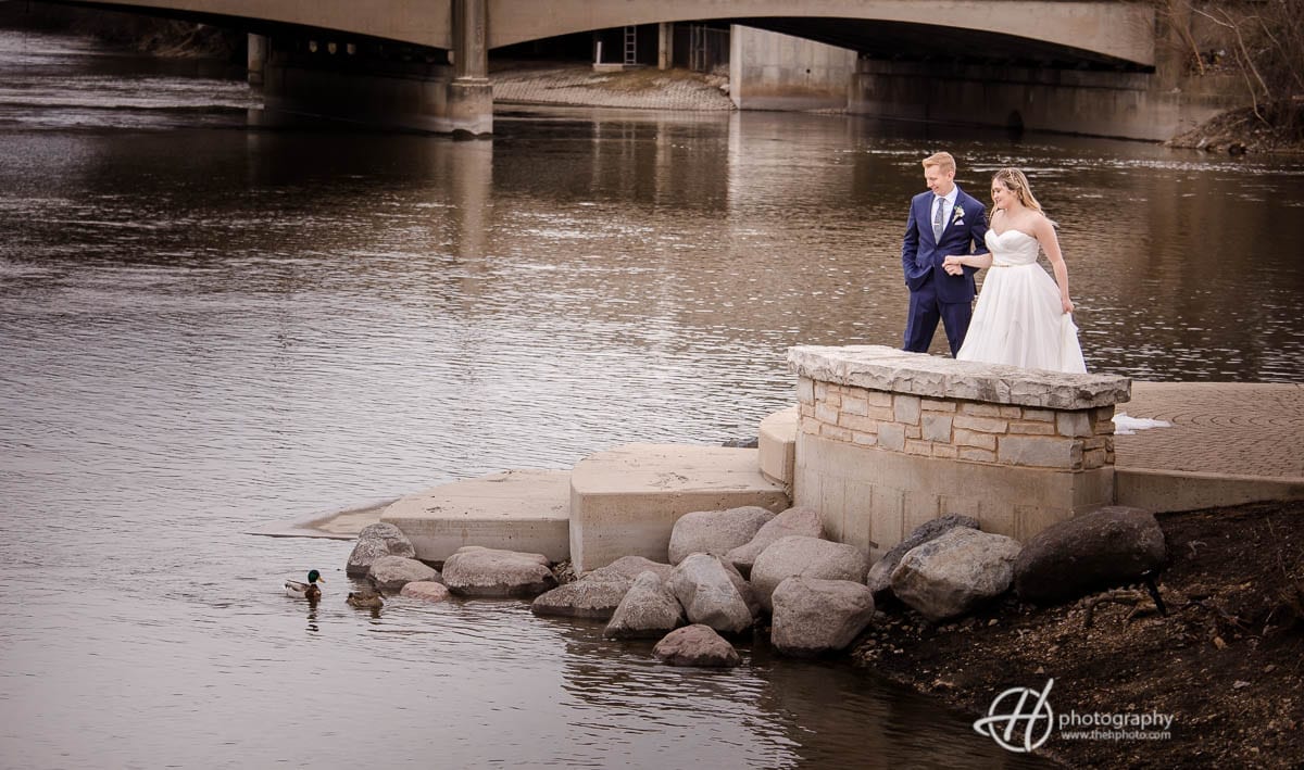bride and groom on Fox River